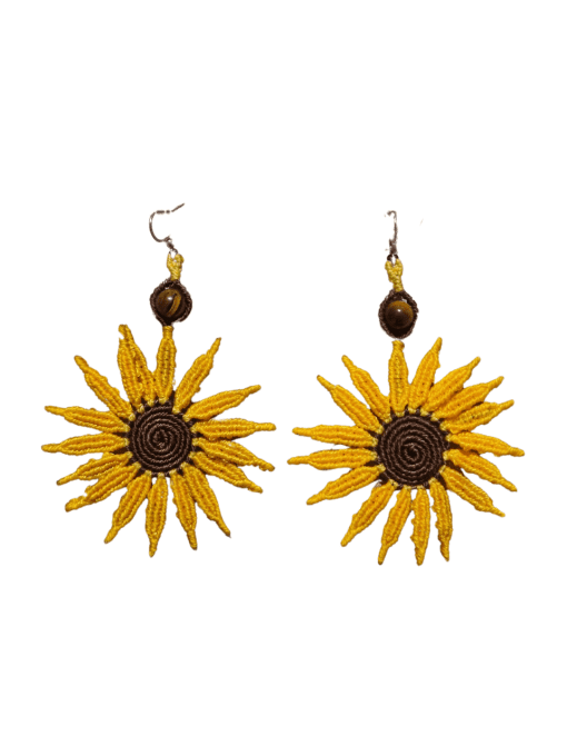 Boucles d'Oreilles "Tournesol" en Micro-Macramé & Œil de Tigre – Éclat Solaire & Élégance Naturelle